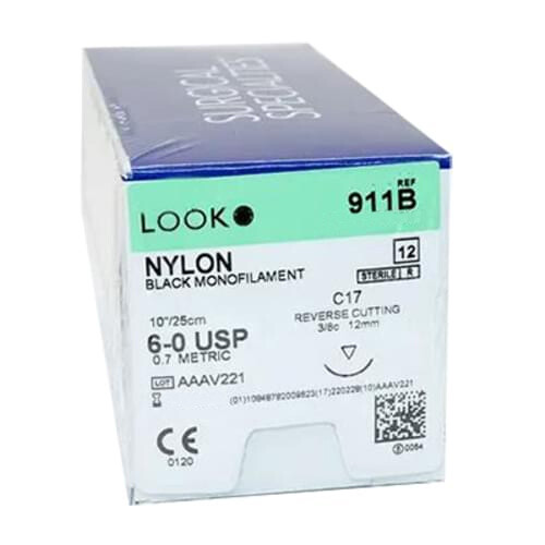 Look 911B Nylon Black Monofilament Reverse Cut Sutures C17 6/0 10″ 12/Bx