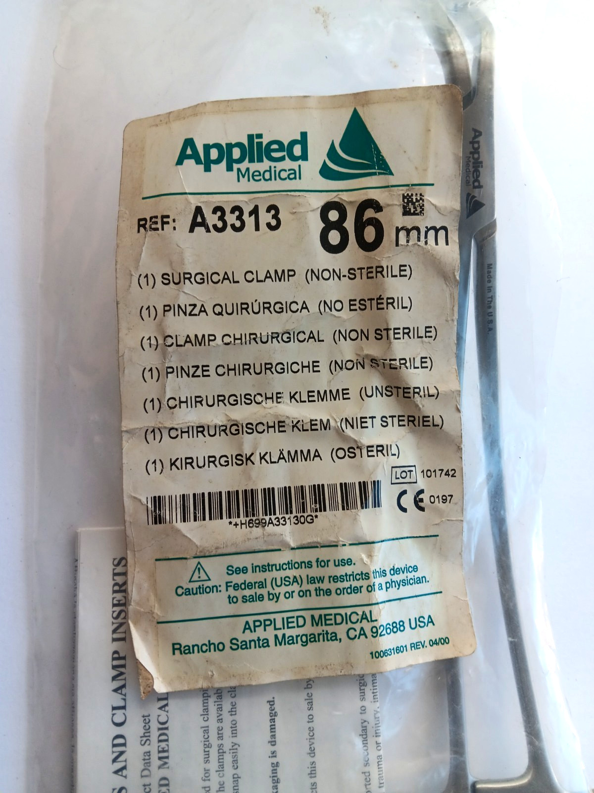 Applied Medical Surgical Clamp 86mm-60° REF# A3313 New Open package