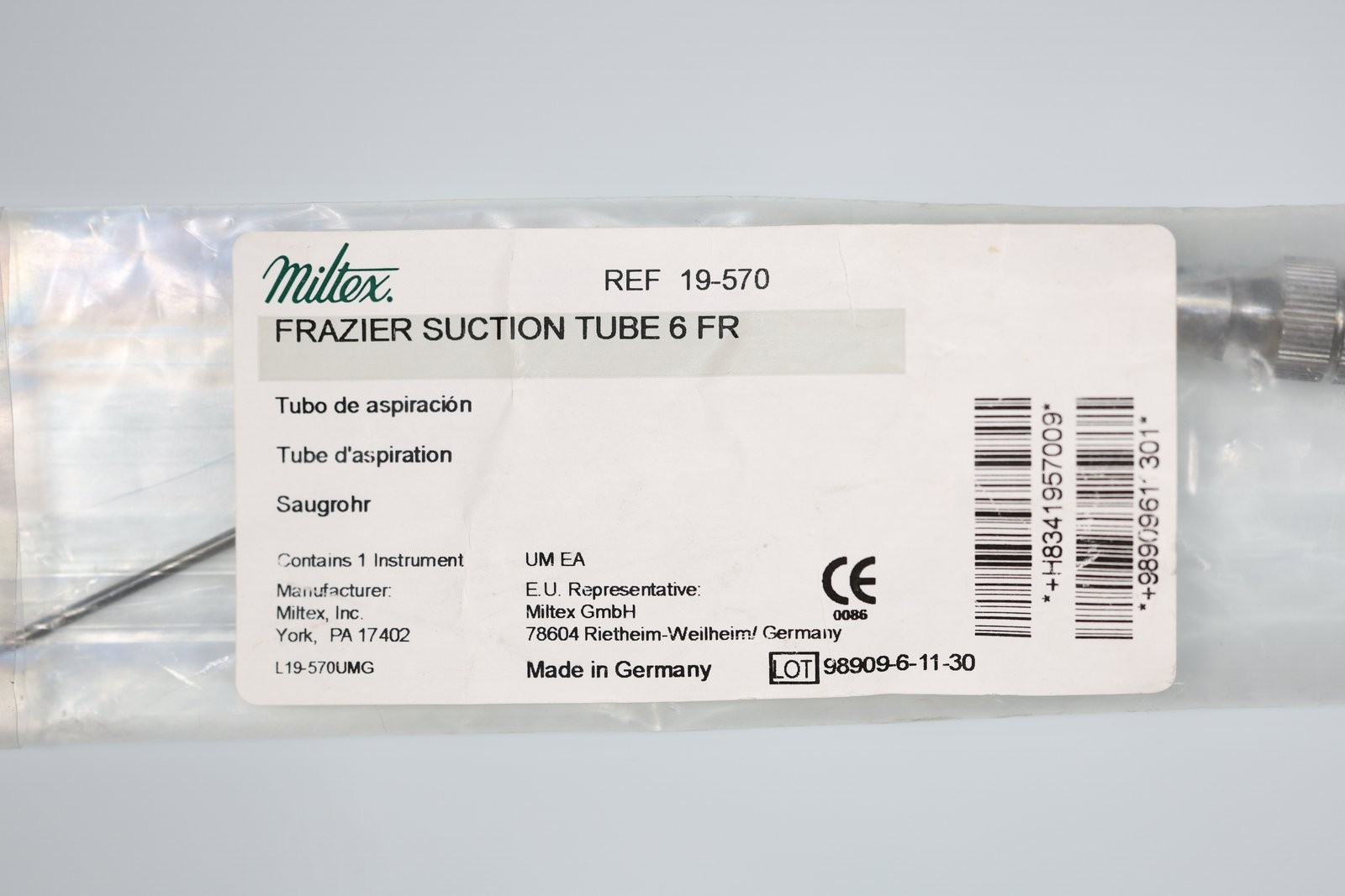 Miltex 19-570 Frazier Suction Tube, Angled, 6 FR, 2mm, With Finger Cut Off, 7in