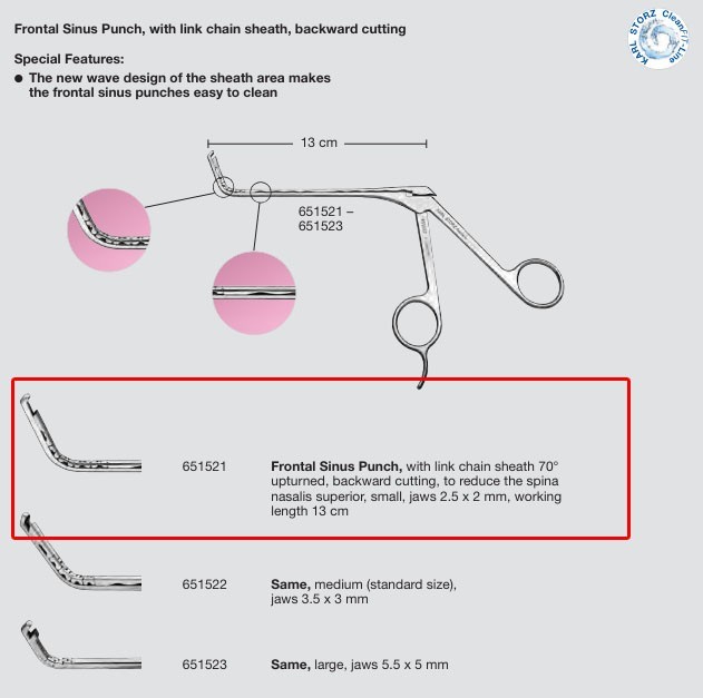 KARL STORZ 651521 Frontal Sinus ENT Punch Curved 70° Up Turn 3.5mm Cut Bite 5.5″