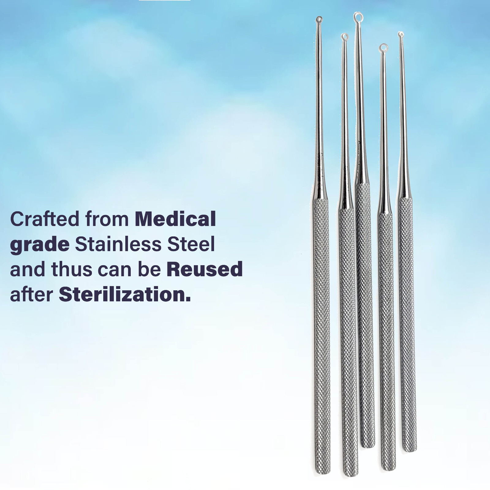 Set Of 5 Buck Ear Curettes Blunt Straight ENT Ear Cleaning Surgical Instruments