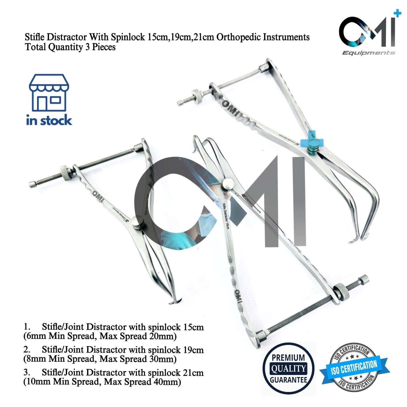 Set of 3 Stifle Distractor with Spinlock 15cm,19cm,21cm orthopedic Instruments
