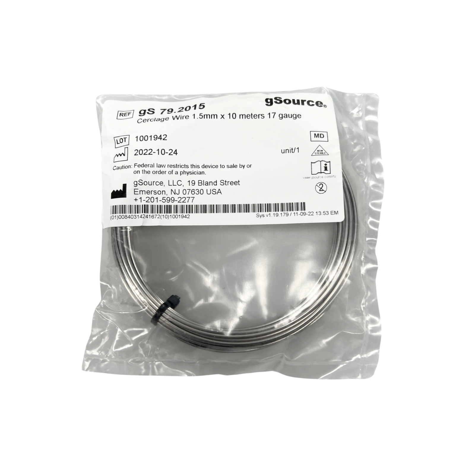 17 Gauge Cerclage Wire, 1.5mm x 10 Meters, gS 79.2015