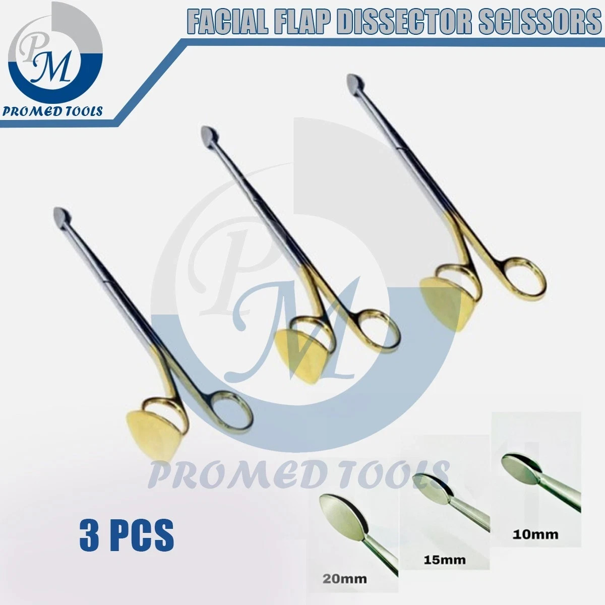 OR Grade Trepsat Facial Flap Dissector Scissors Set of 3pcs 10mm 15mm 20mm