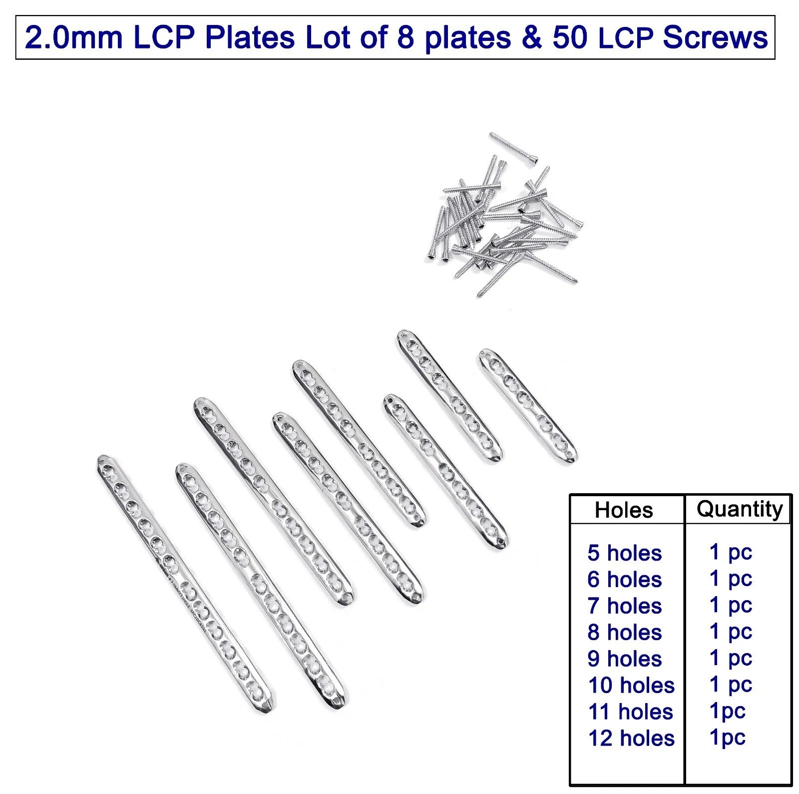 2.0mm LCP Plates Lot of 8 pcs & LCP Screws (50 pcs) Veterinary Instruments