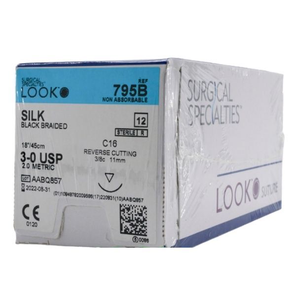 Look X795B Silk 3-0 Black Sutures 18″ C16 3/8 Circle Reverse Cut 11mm 12/Pk