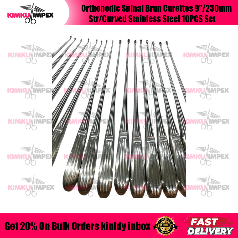 Orthopedic Spinal Brun Curettes 9″/230mm Str/Curved Stainless Steel 10PCS Set