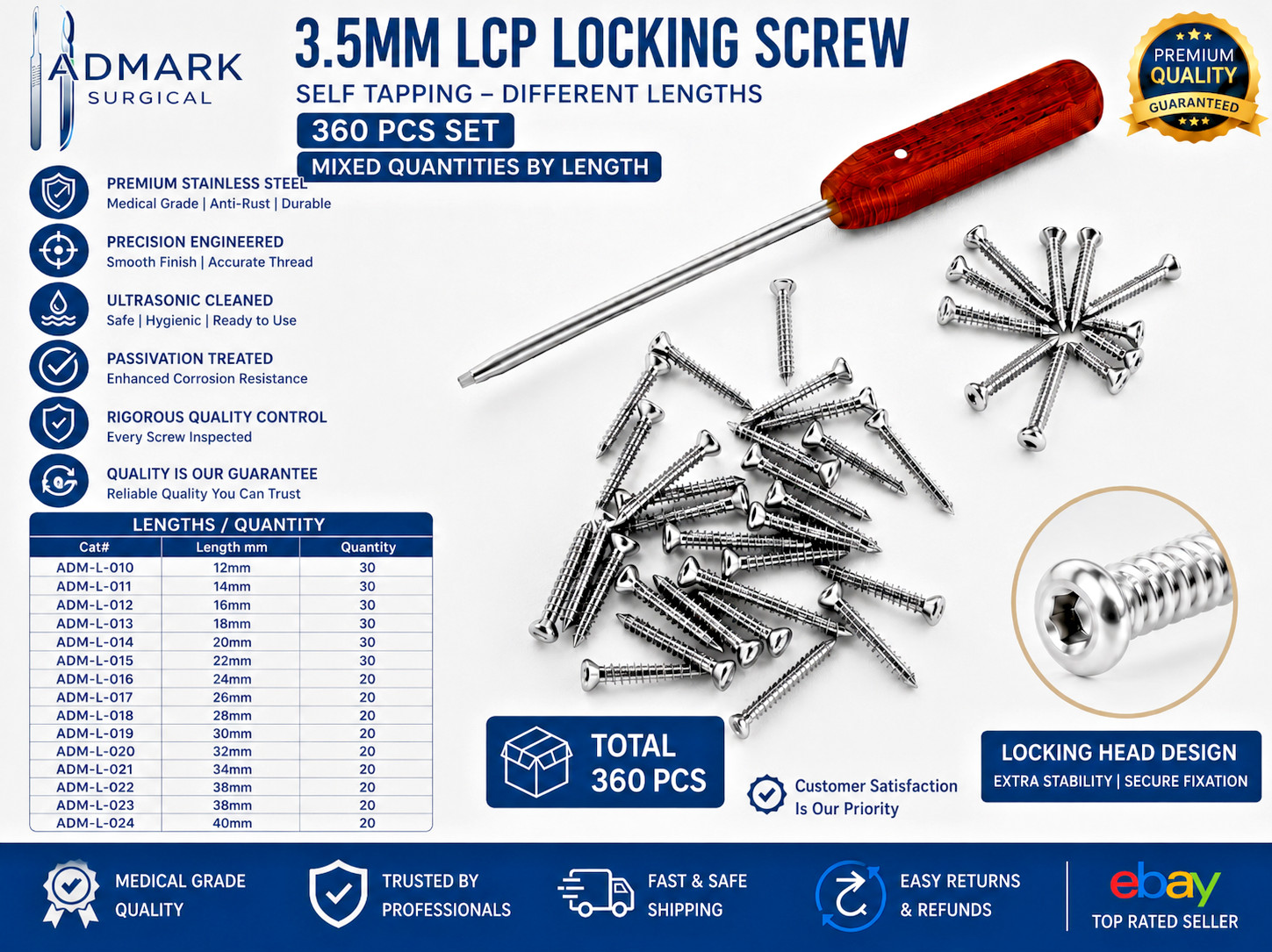 3.5mm Cortex Screws, Self-tapping, Stainless Steel 316 L Screws (360pcs)