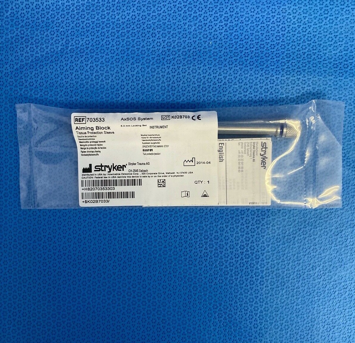 Stryker 703533 AxSOS 5.0 Locking Set Aiming Block Tissue Protection Sleeve