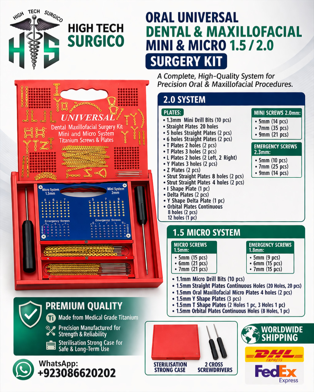 Orál Dental Máxillofáciál Surgery Kit 1.5/2.0 Mini Micro Titanium (313 pcs set)