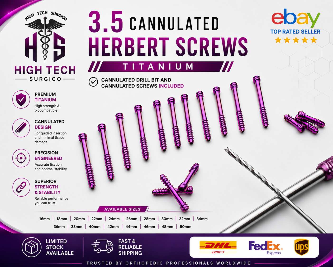 3.5mm HerBèrt Cannulatèd Screws Titanium 14-40mm Set of 44 Pcs + Driver & Bit