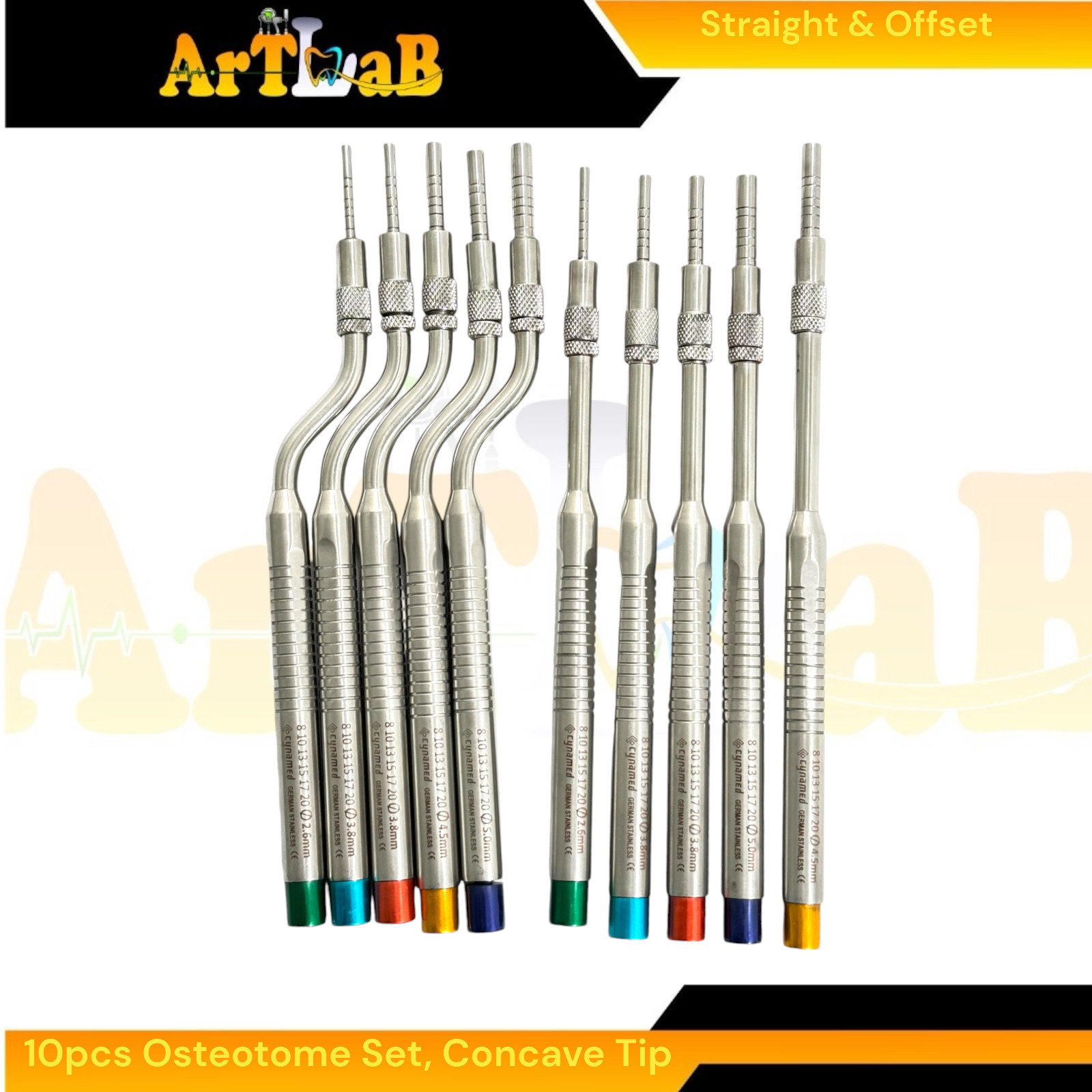 Color-Coded Osteotomes, Curved & Straight, with Concave Tip, Implant Tools (10PK