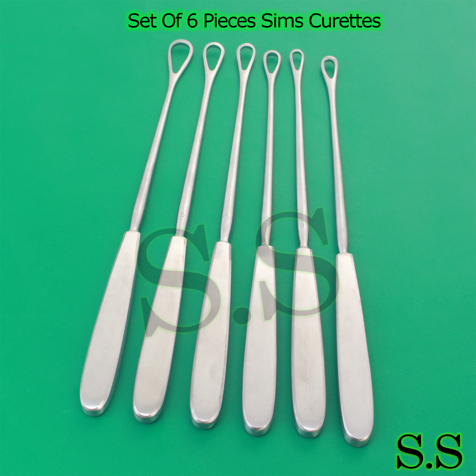 6 Sims Uterine Curettes 10.5″ # 1,2,3,4,5,6 Blunt Surgical Instruments