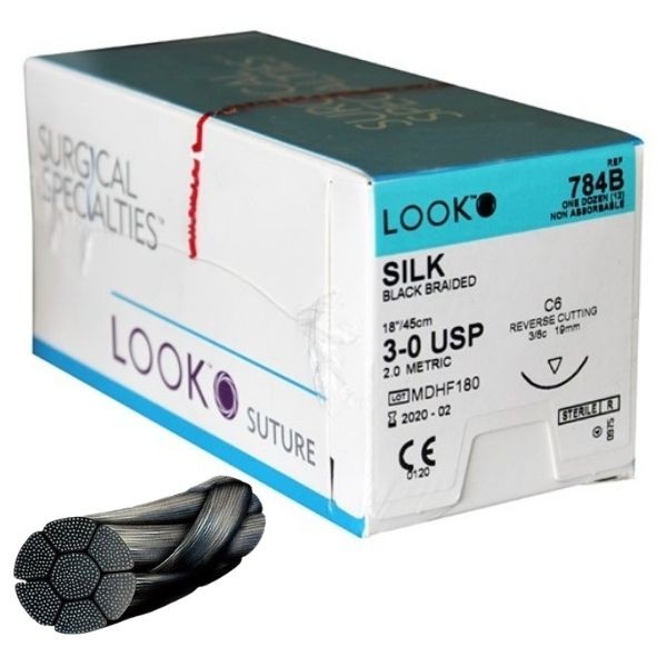 Look X784B Silk Reverse Cutting Sutures 3-0 Black 18″ C6 3/8 Circle 12/Pk