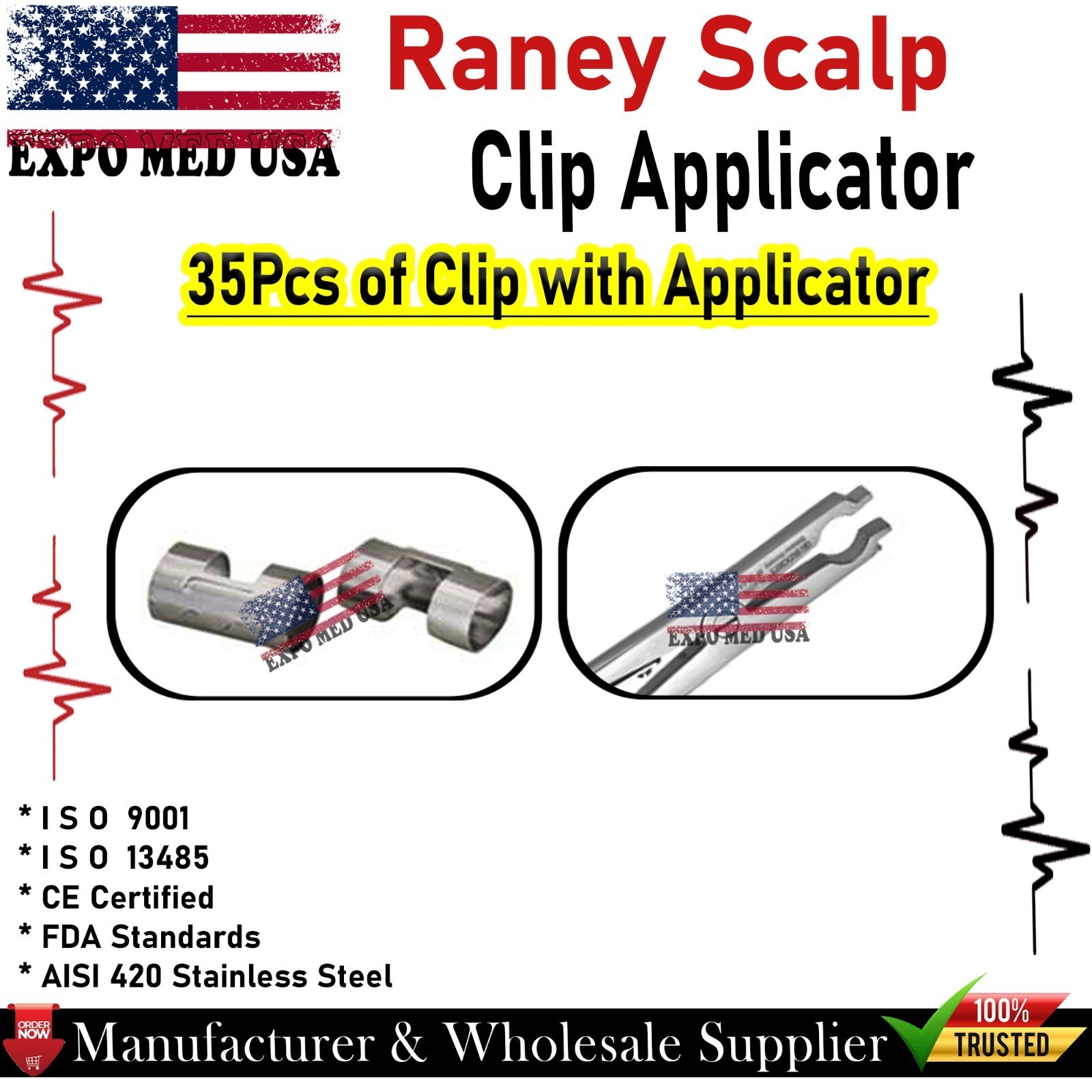 Raney Scalp Clip Applicator Plus Surgical Instruments Orthopedic 30 Pcs Clips