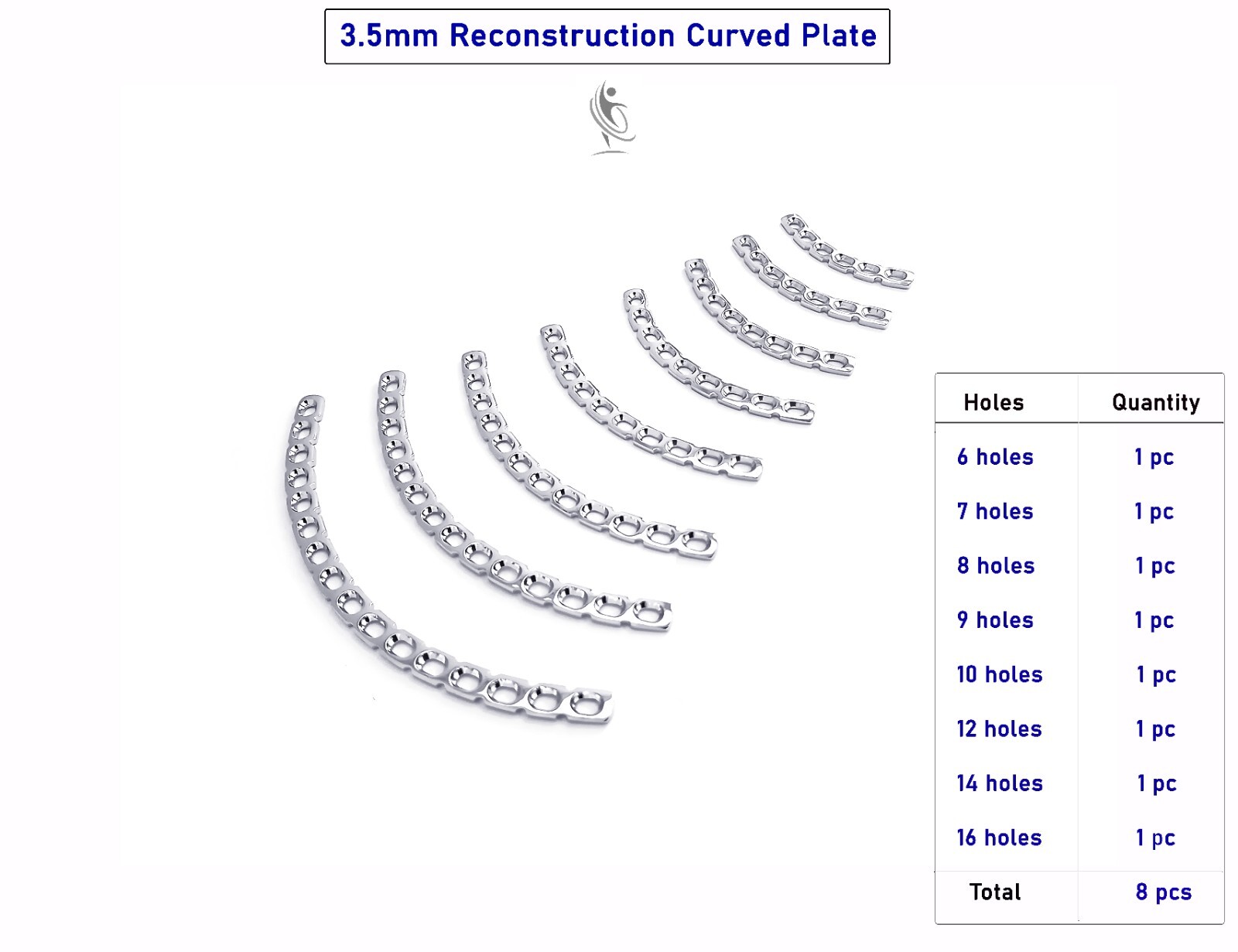 Reconstruction Curved Plate (3.5mm) set of 8pcs Veterinary surgical instrument