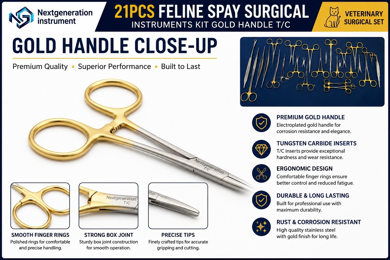 21PCS Feline Spay Surgical Instruments Gold Handle T/C Veterinary Surgical Kit