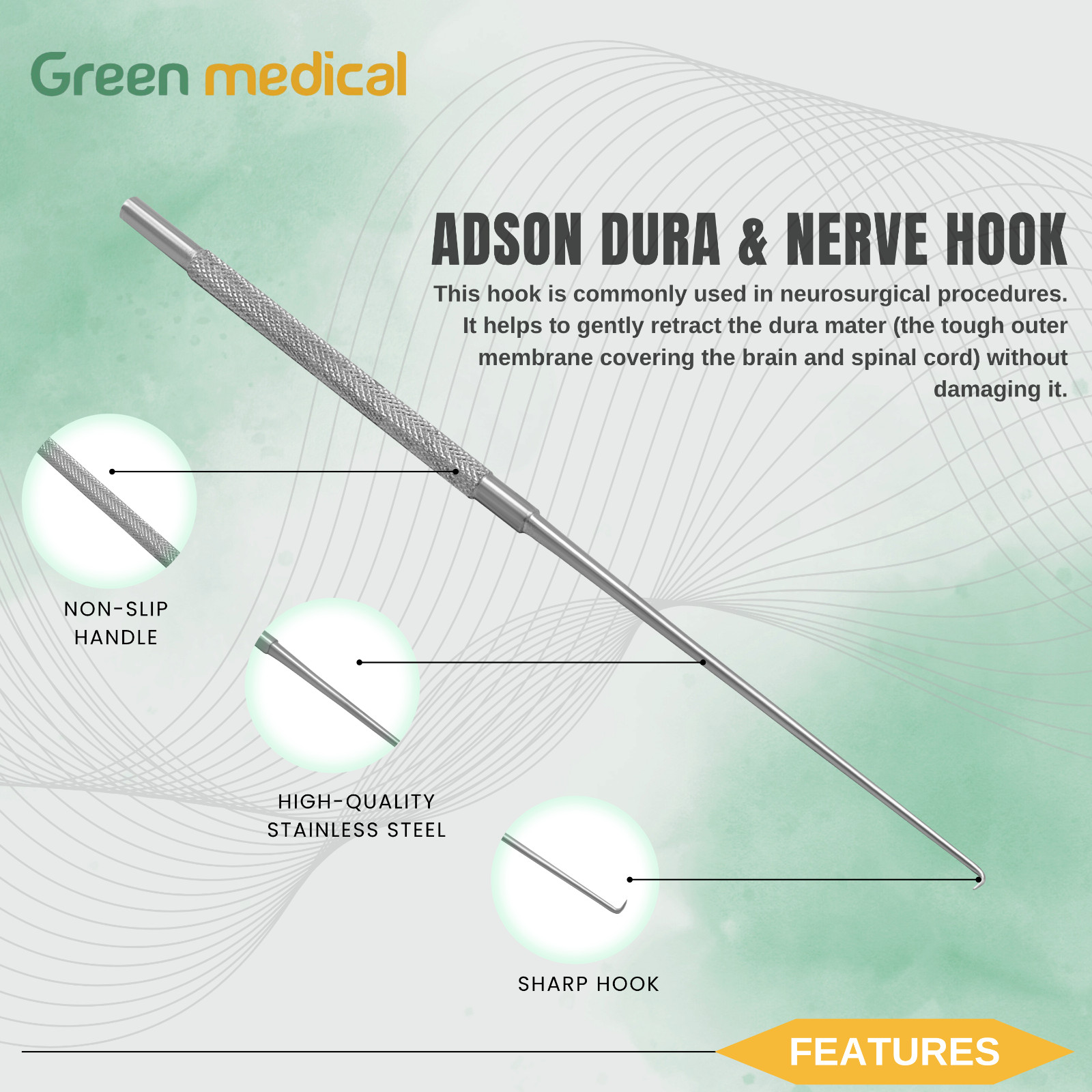 Adson Dura Nerve Hook 8″ Sharp – Neuro Ortho Surgical Instrument Stainless Steel