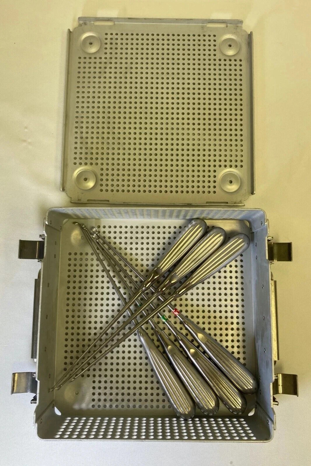 Set of 7 Aesculap Straight & Angled Bone Curettes 9″ w/ Sterilization Case Neuro