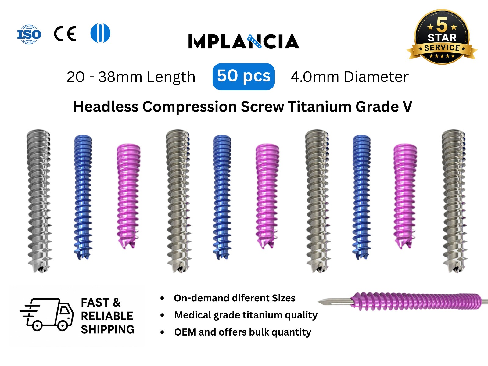 4.0mm Titanium Headless Threaded Fastener Precision Alloy Multiple Length 50 pcs