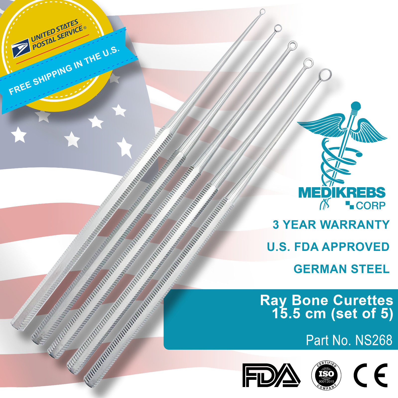 Ray Bone Curettes 15.5 cm (set of 5) Surgical Instruments