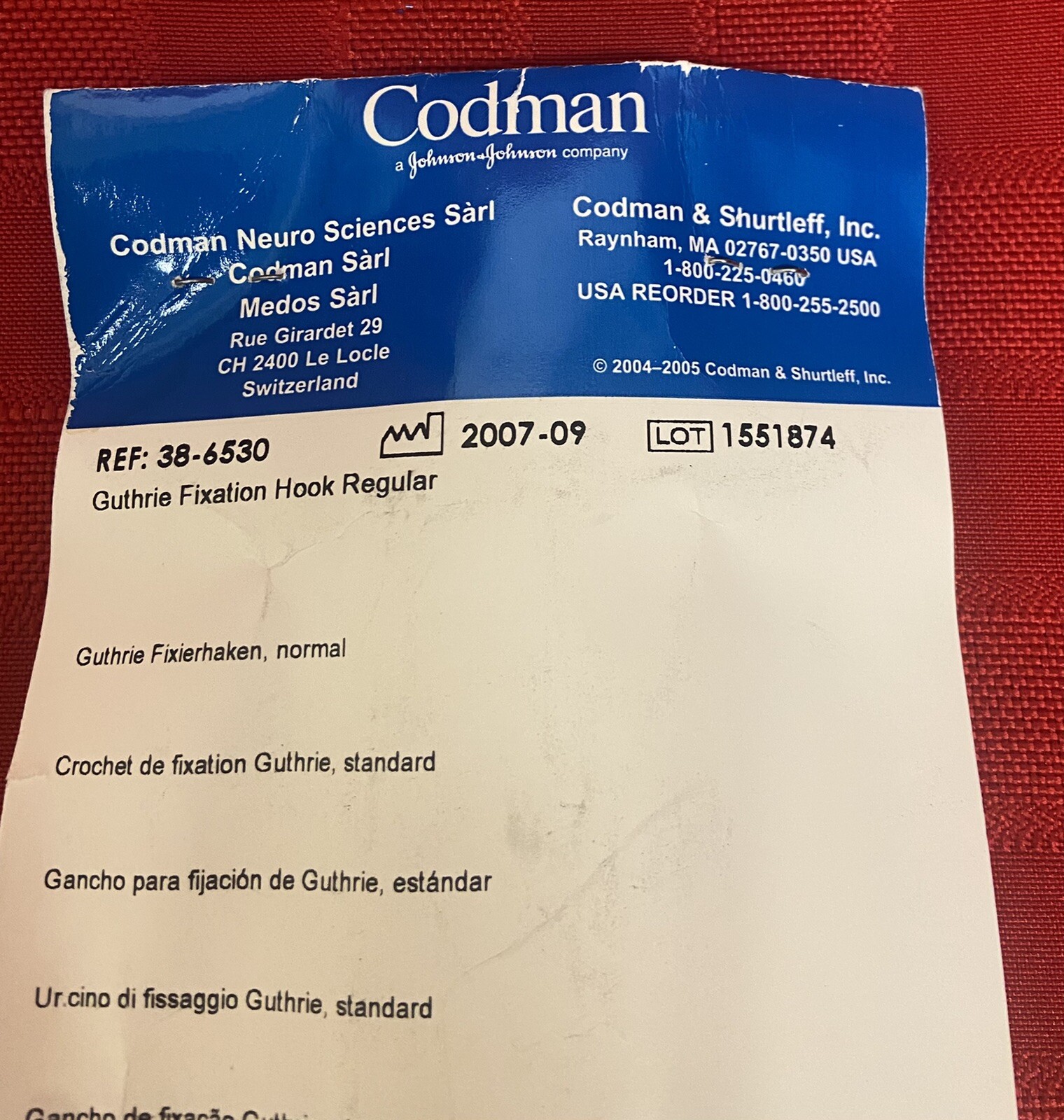 Codman 38-6530 Guthrie Fixation Hook Regular NIP