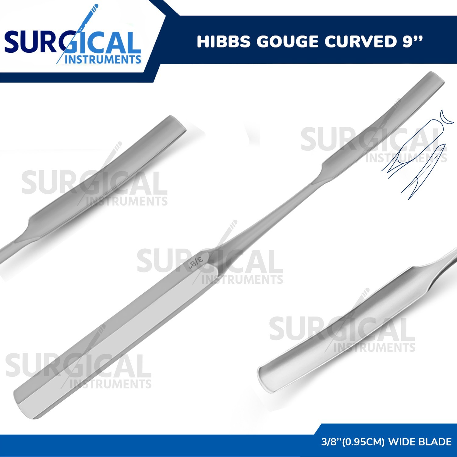 HIBBS Gouge 9″ with 3/8″ (0.95cm) Curved Blade Orthopedic Instruments German Gr