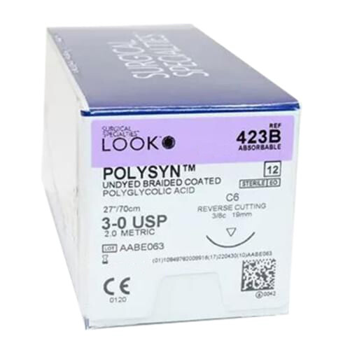 Look 423B PolySyn PGA Braided Absorbable Reverse Cut Sutures C6 3-0 27″ 12/Bx