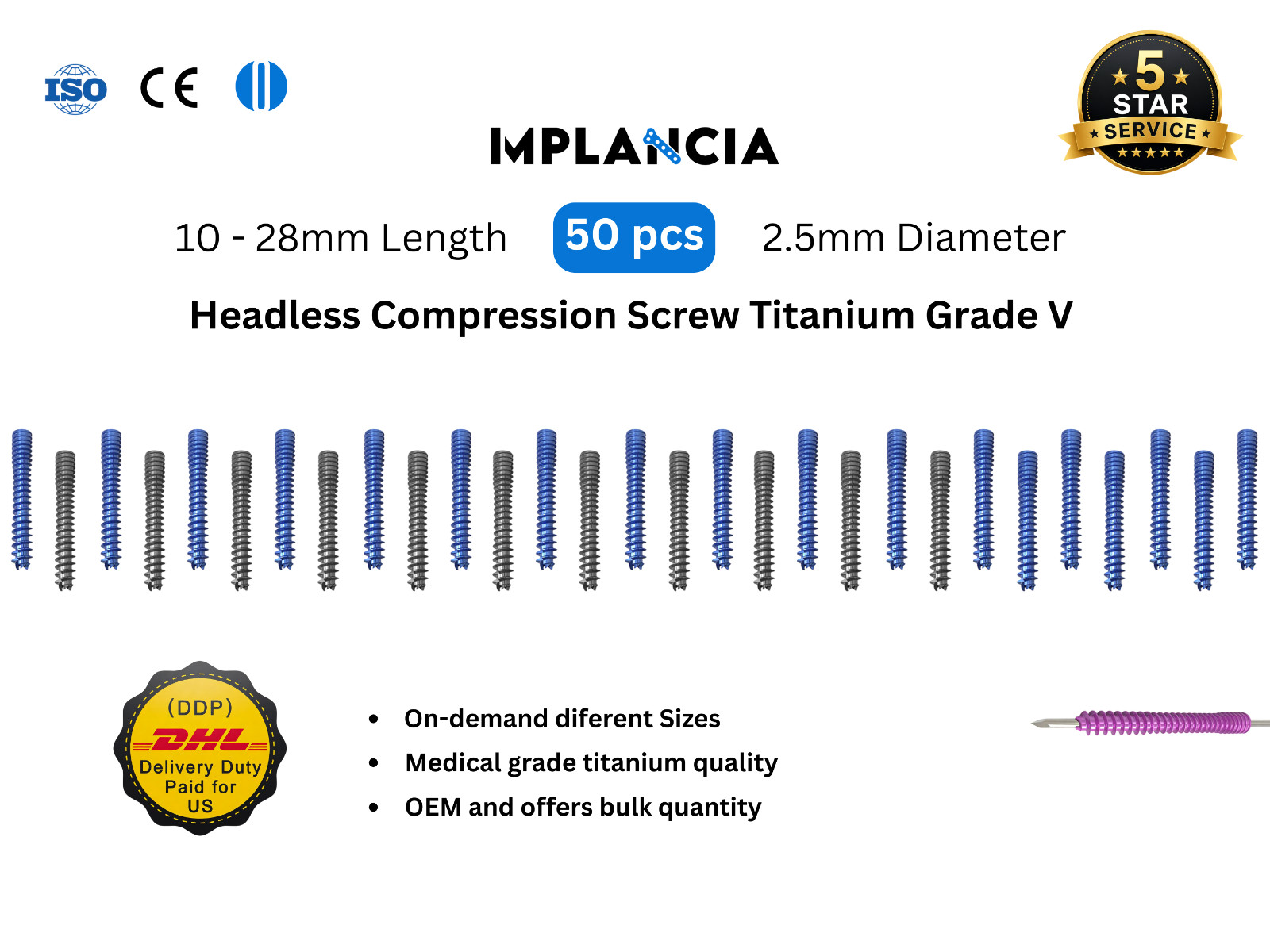 2.5mm Titanium Headless Threaded Fastener Precision Alloy Multiple Length 50 pcs