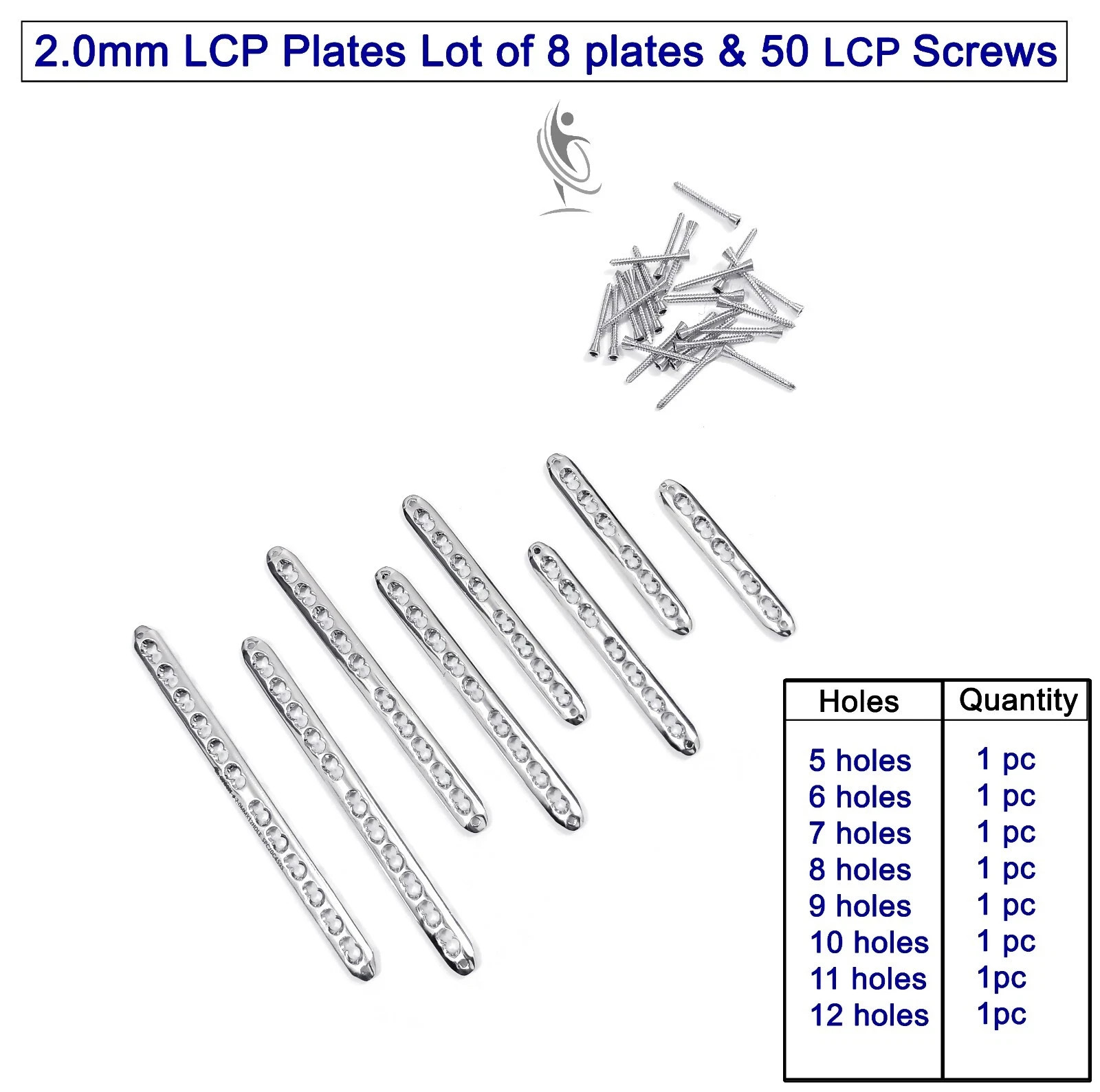 2.0mm LCP Plates (Lot of 8 pcs) & Screws (50 pcs) Veterinary Surgical Instrument