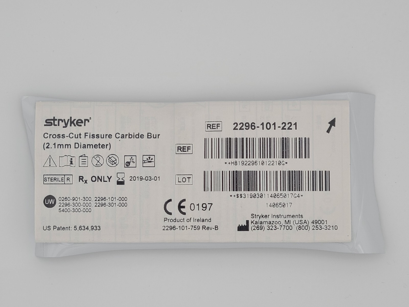 Stryker 2296-101-221 Cross-Cut Fissure Carbide Bur 2.1mm