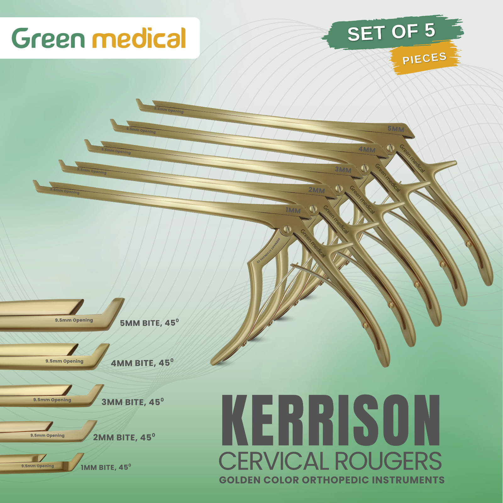 5 KERRISON Rongeurs 7″ 1, 2, 3, 4, 5mm up 45 Gold Handle Orthopedic German Grade