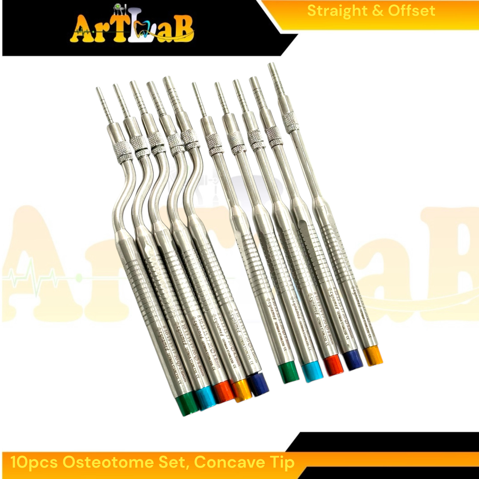Color-Coded Osteotomes, Curved & Straight, with Concave Tip, Implant Tools (10PK