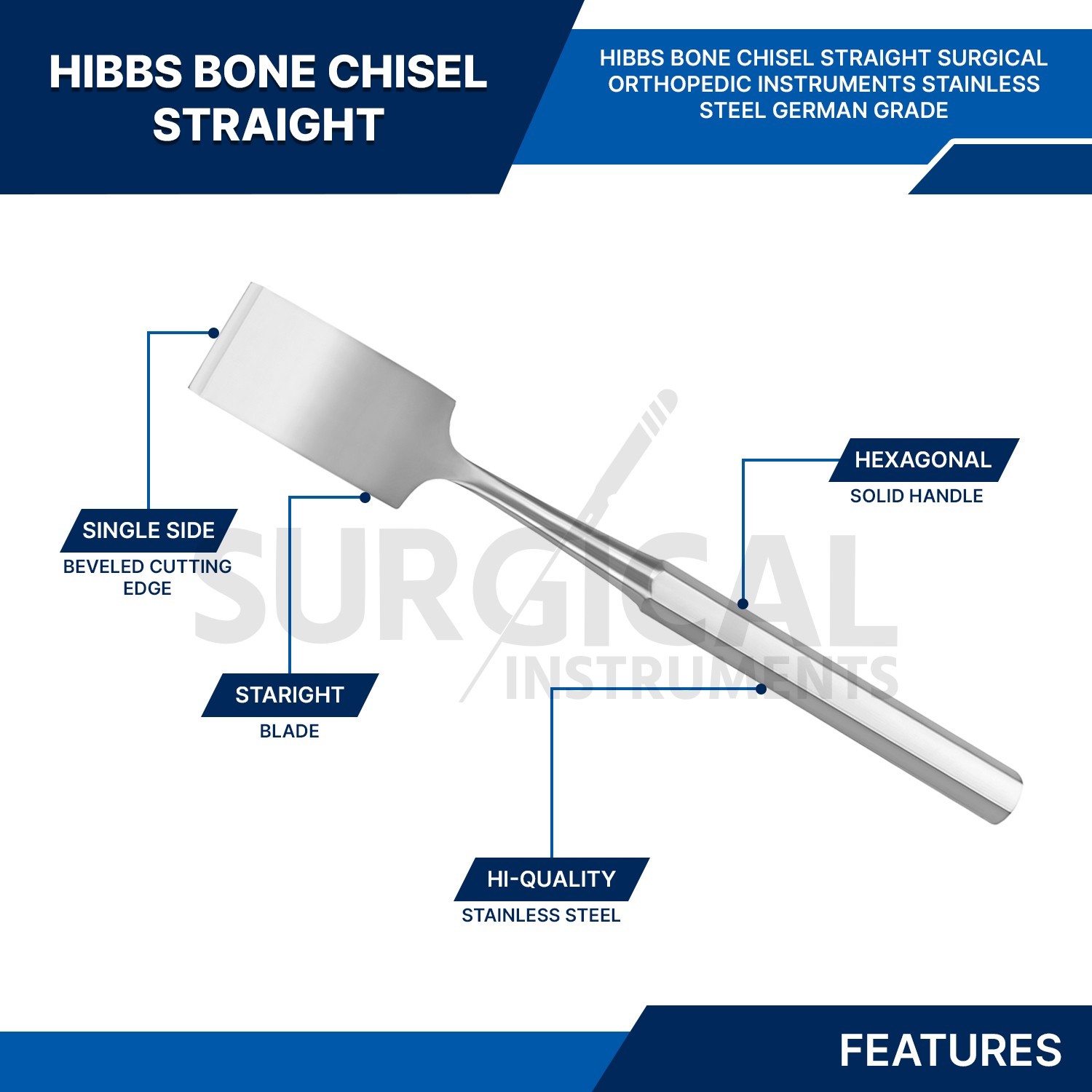 HIBBS Chisel 9″ with 1 1/4″ (3.2cm) Straight Blade Orthopedic Instrument German