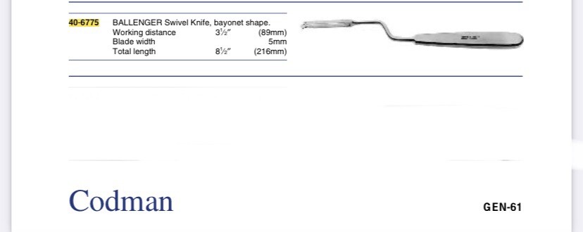 CODMAN 40-6775 Ballenger Swivel Knife Bayonet Shape 5mm Blade 8.5in L 3.5in WL