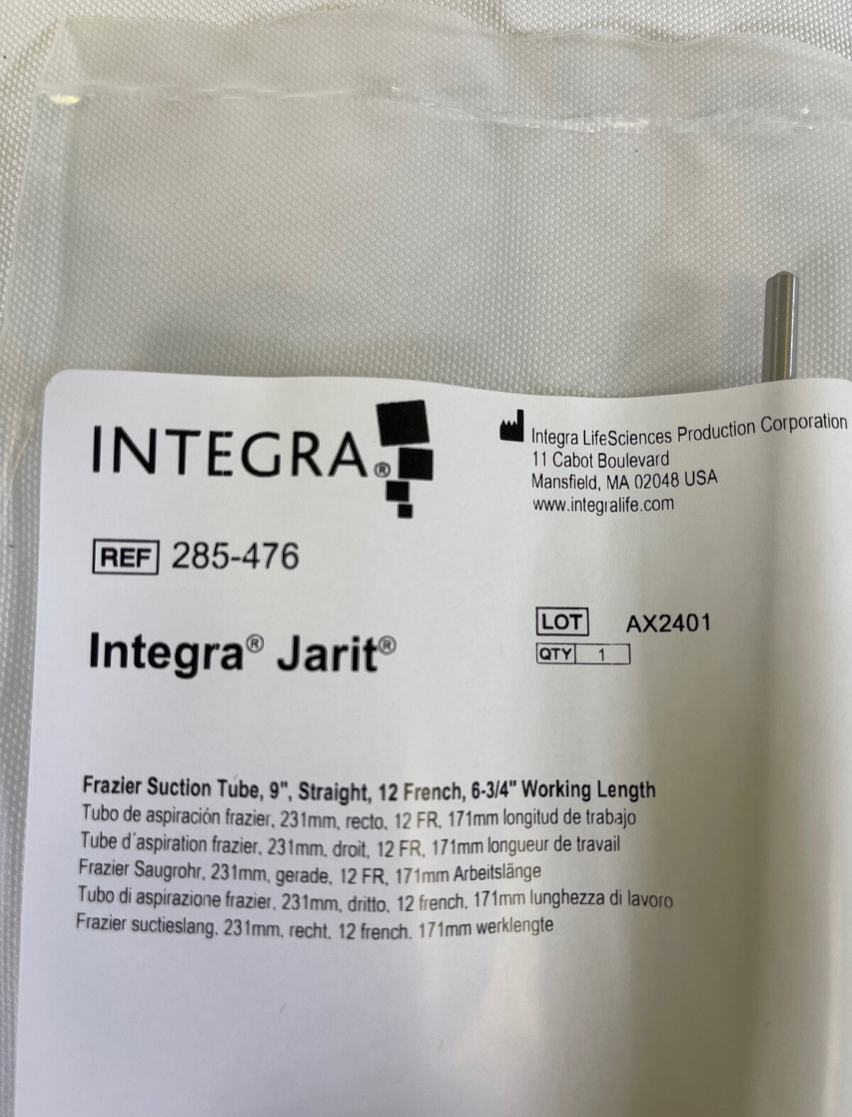 Pair of Integra Jarit 285-476 Frazier Suction Tube w/ Hole Straight 9″ x 12Fr