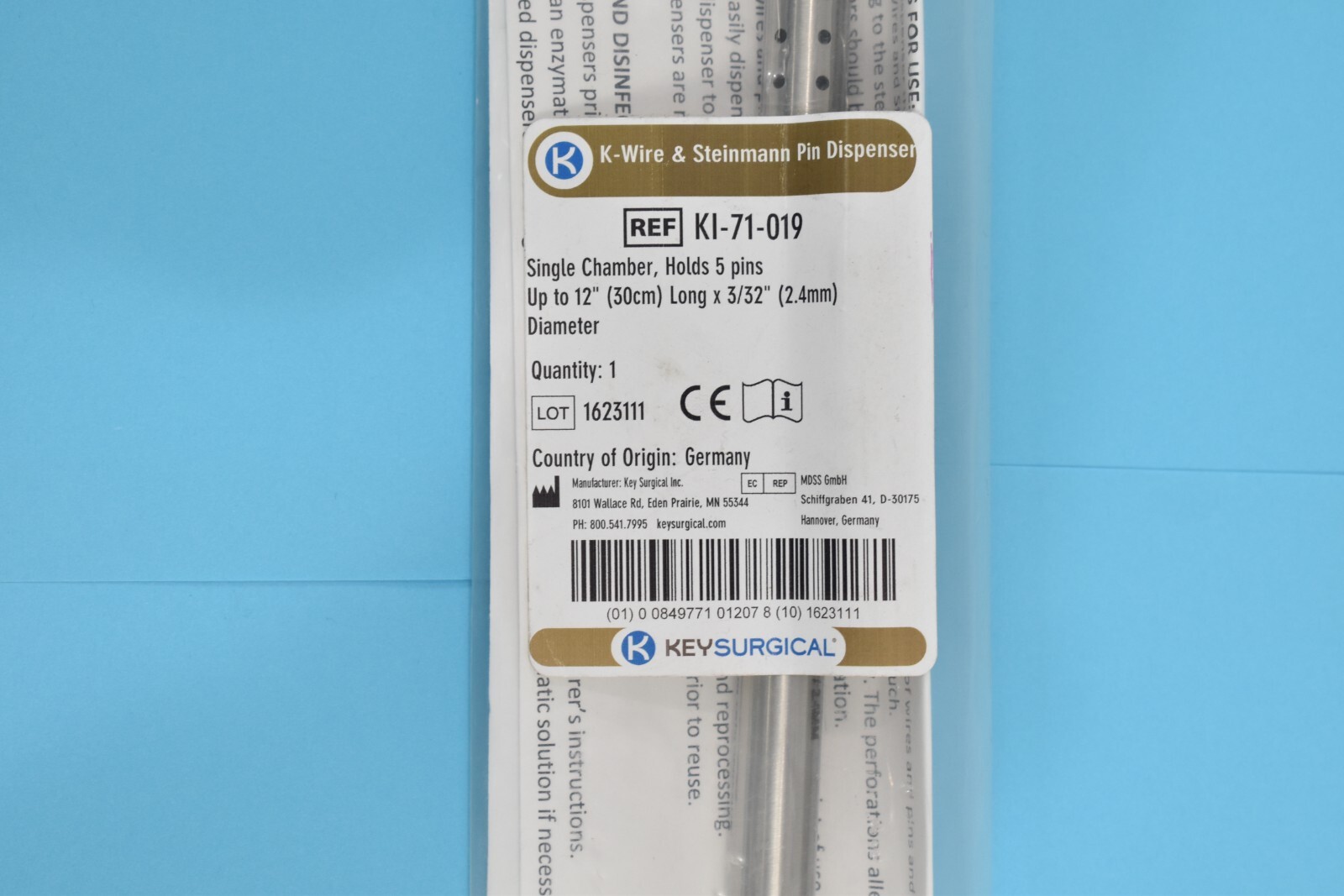 Key Surgical K-Wire & Steinmann Pin Dispenser KI-71-019 Single Chamber 12″ Long