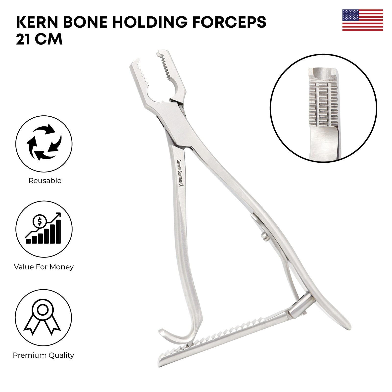 Kern Lane Bone Holding Forceps 21 cm with Lock Premium Orthopedic Instruments
