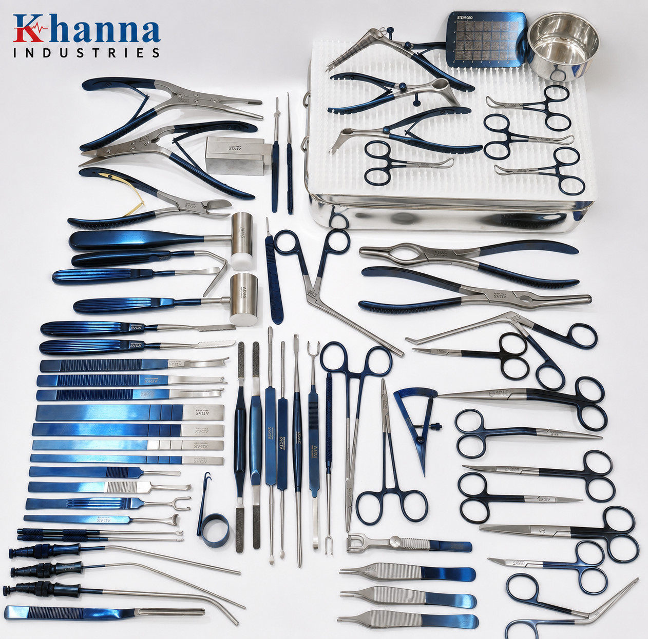 Rhinoplasty Instruments Set 67 Pcs TC Blue Titanium Steel Box Silicone Mat Kit