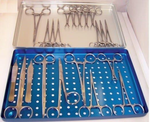 Complete Surgical Instrument Tray Set with Forceps Scissors & Scalpel Stainless.