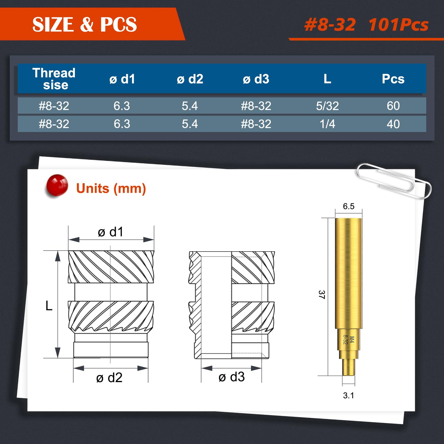 101Pcs #8-32 Threaded Inserts, Female Thread SAE Knurled Nuts Assortment Kit, Br
