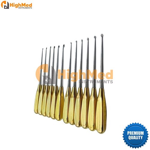 Orthopedic Bone Curette Set 12 Pcs Stainless SteelGolden Handle SurgicalInstrumt