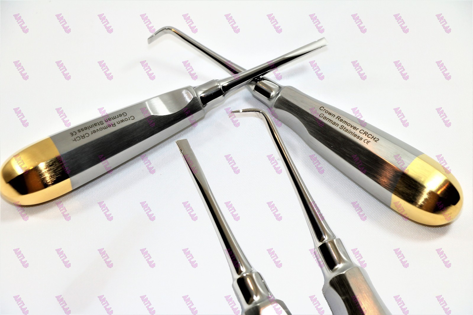 2PC GERMAN CROWN REMOVER CURVED/ STRAIGHT GOLD HANDLE DENTAL SURGICAL INSTRUMENT