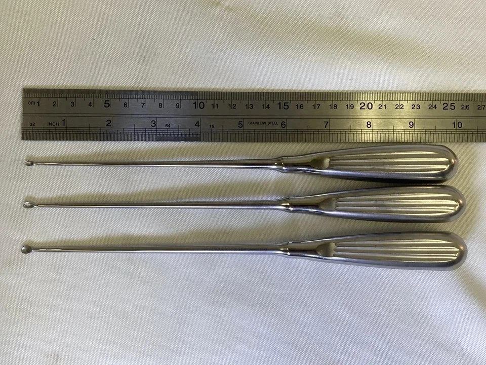 Set of 7 Aesculap Straight & Angled Bone Curettes 9″ w/ Sterilization Case Neuro