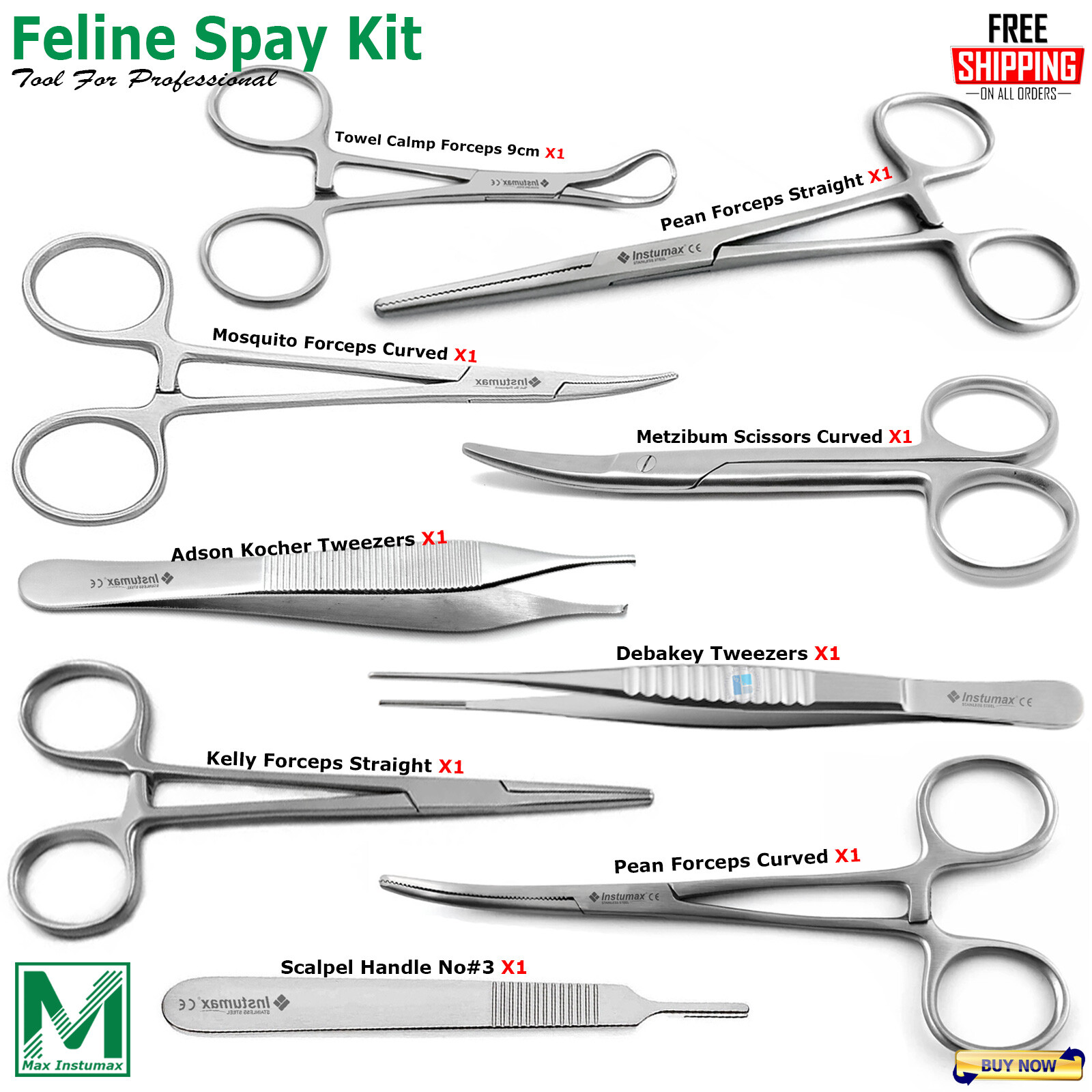 Veterinary Feline Spay Surgical Kit German Grade Instruments Neuter Pack Set