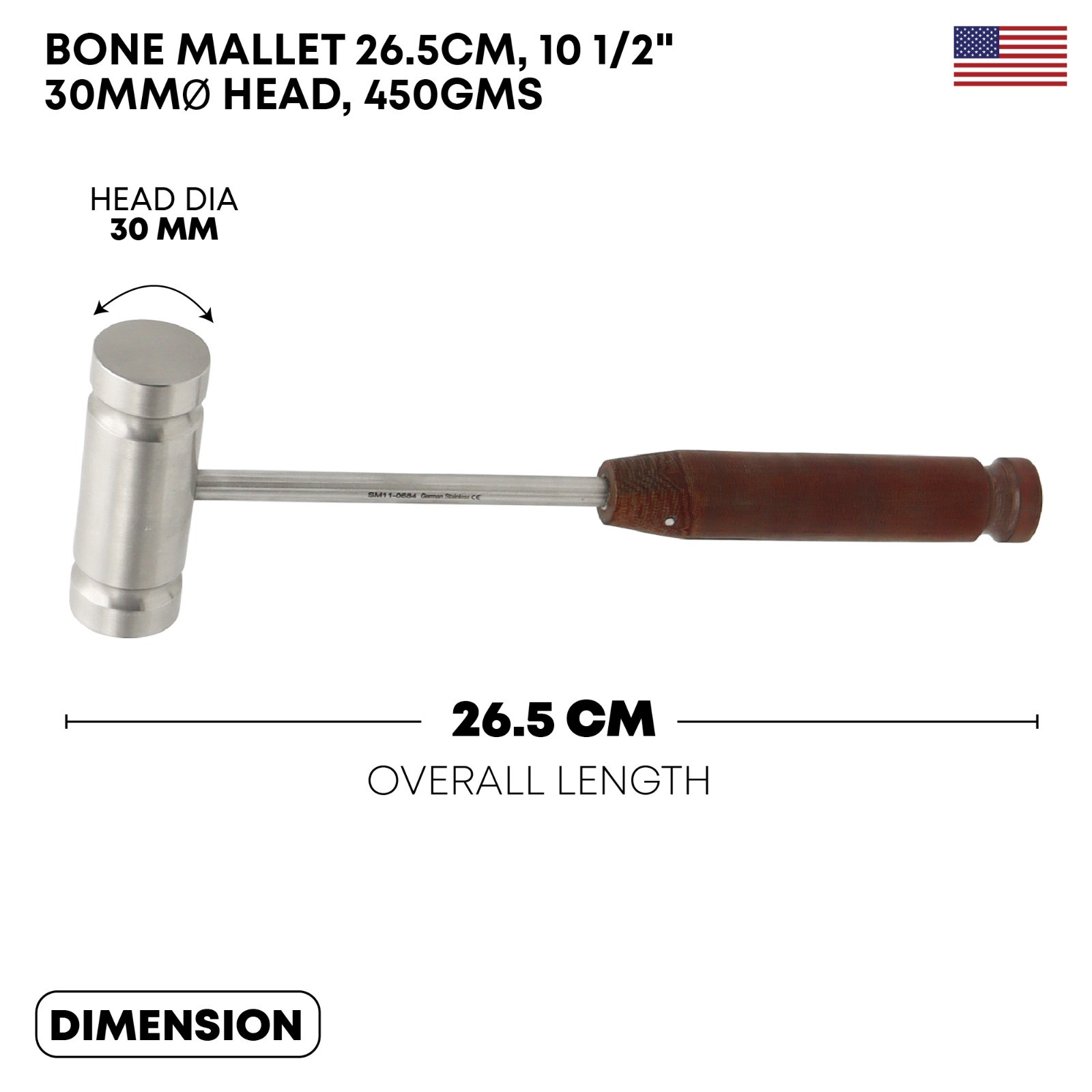 Bone Mallet 26.5cm 30-40mm Head 450-550g Orthopedic Surgical Instrument