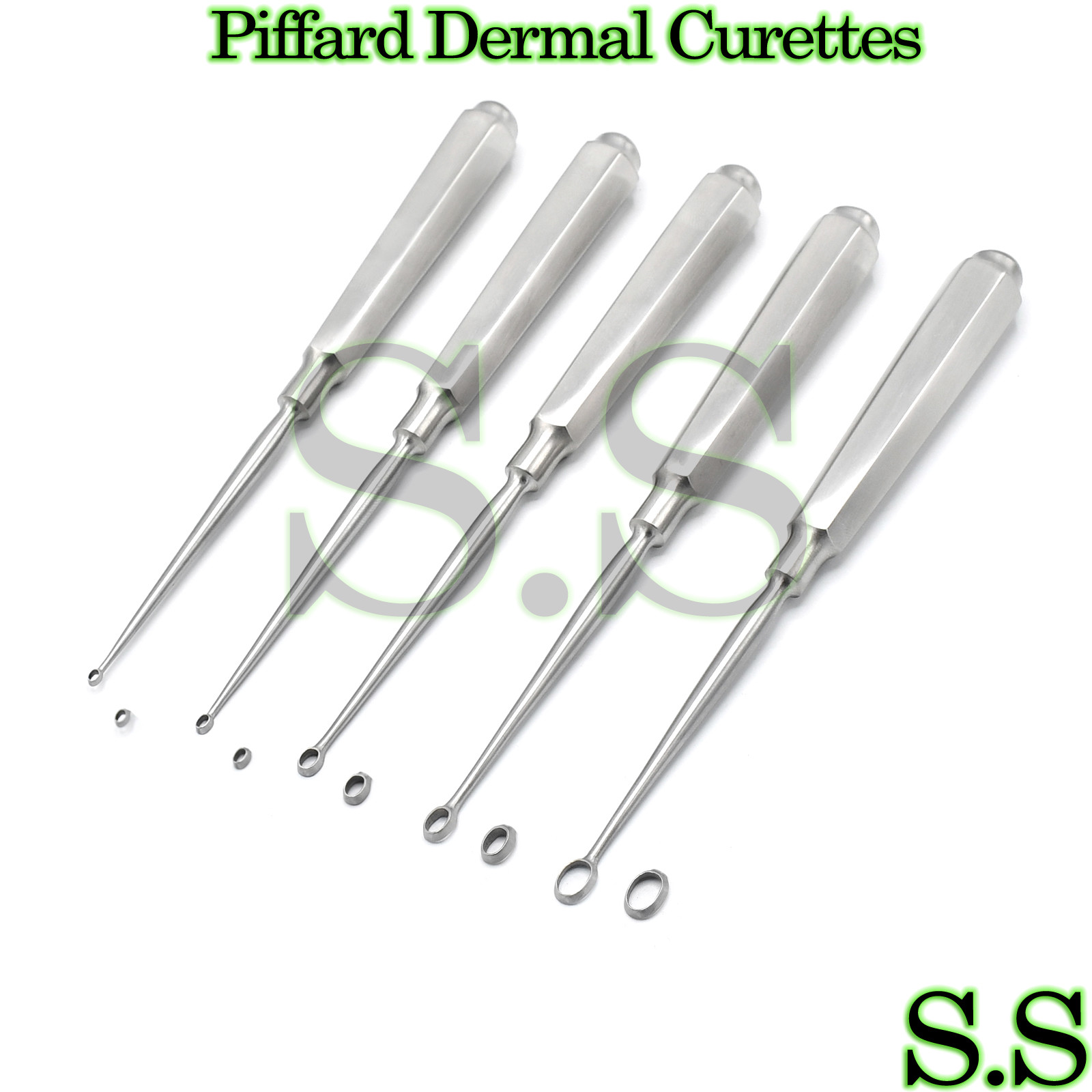 Set of 5 Piffard Dermal Curettes Oval Shape Cup 6 1/4″ Surgical Instruments