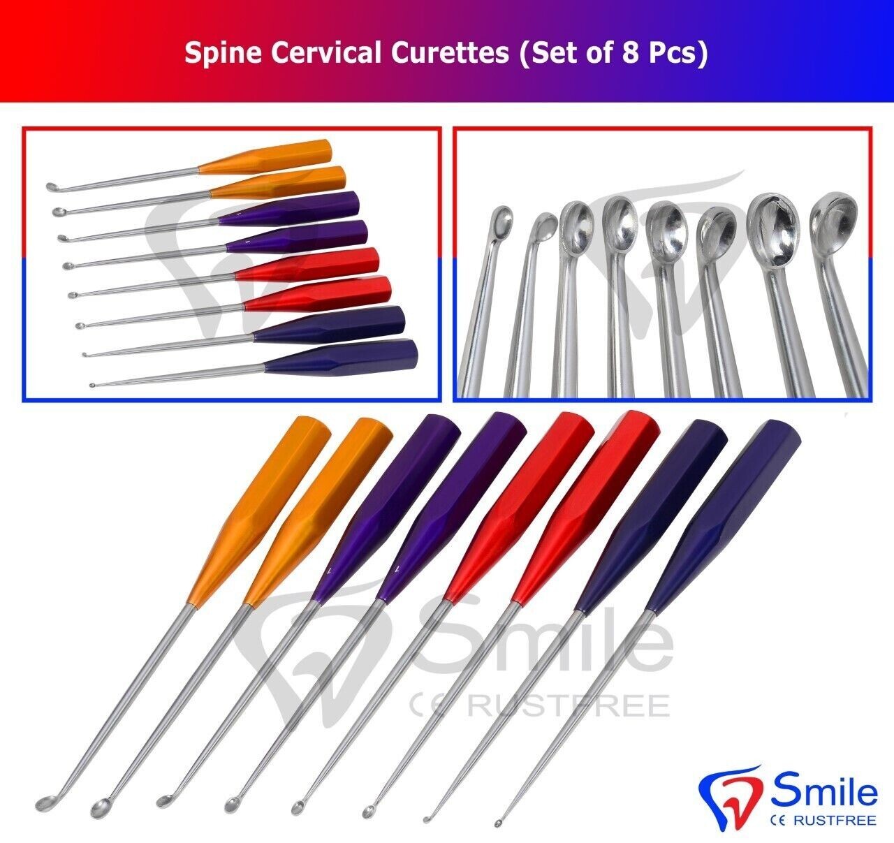 8 pcs Bone Cervical Curettes Spine Orthopedics Spine Instruments FDA Quality USA