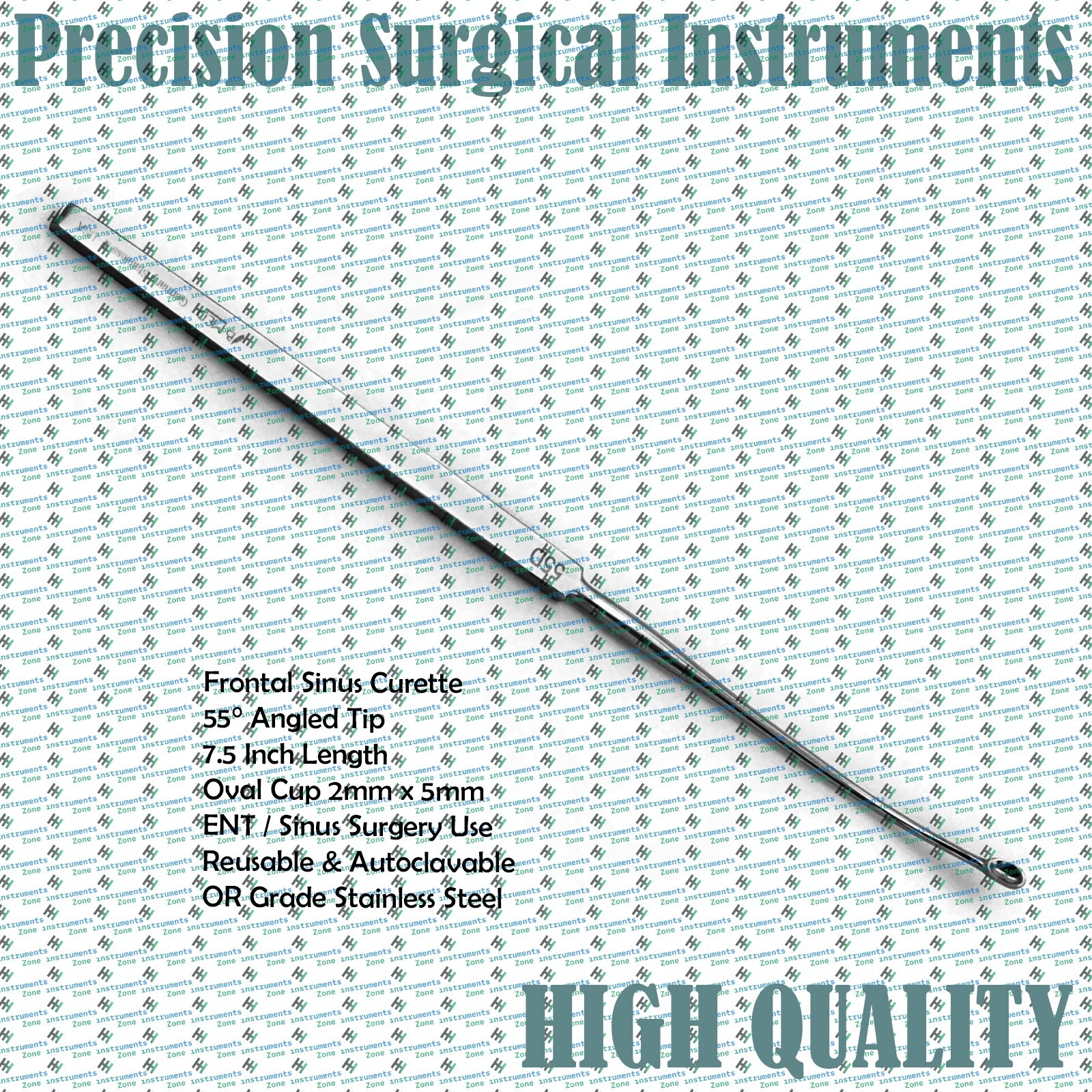 Frontal Sinus Curette 55° 7.5″ Curved 2mm x 5mm Oval Cup ENT Surgical Instrument