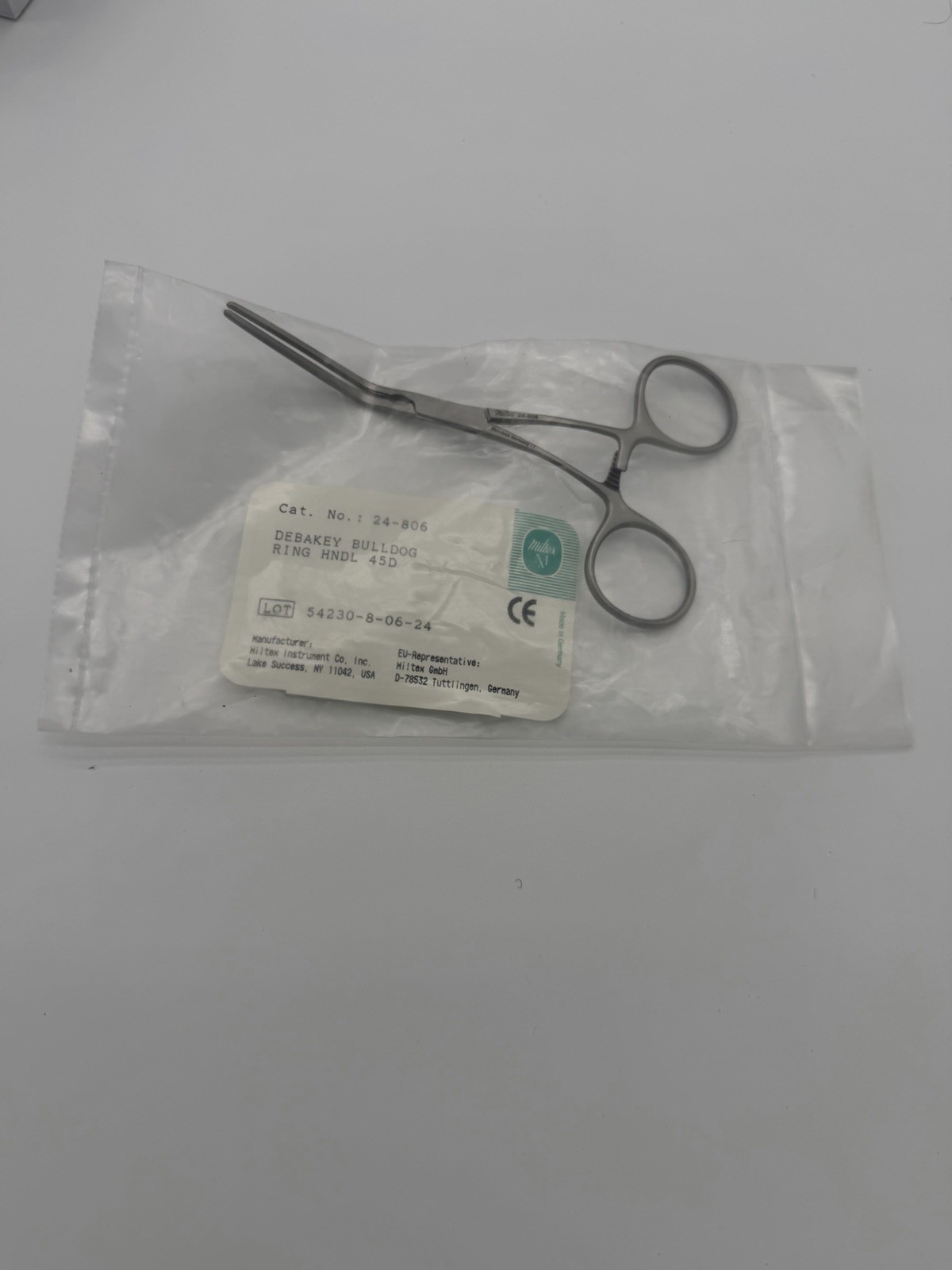NOS Miltex 24-806 DeBakey Bulldog Vascular Clamp Ring Handle 45° Germany